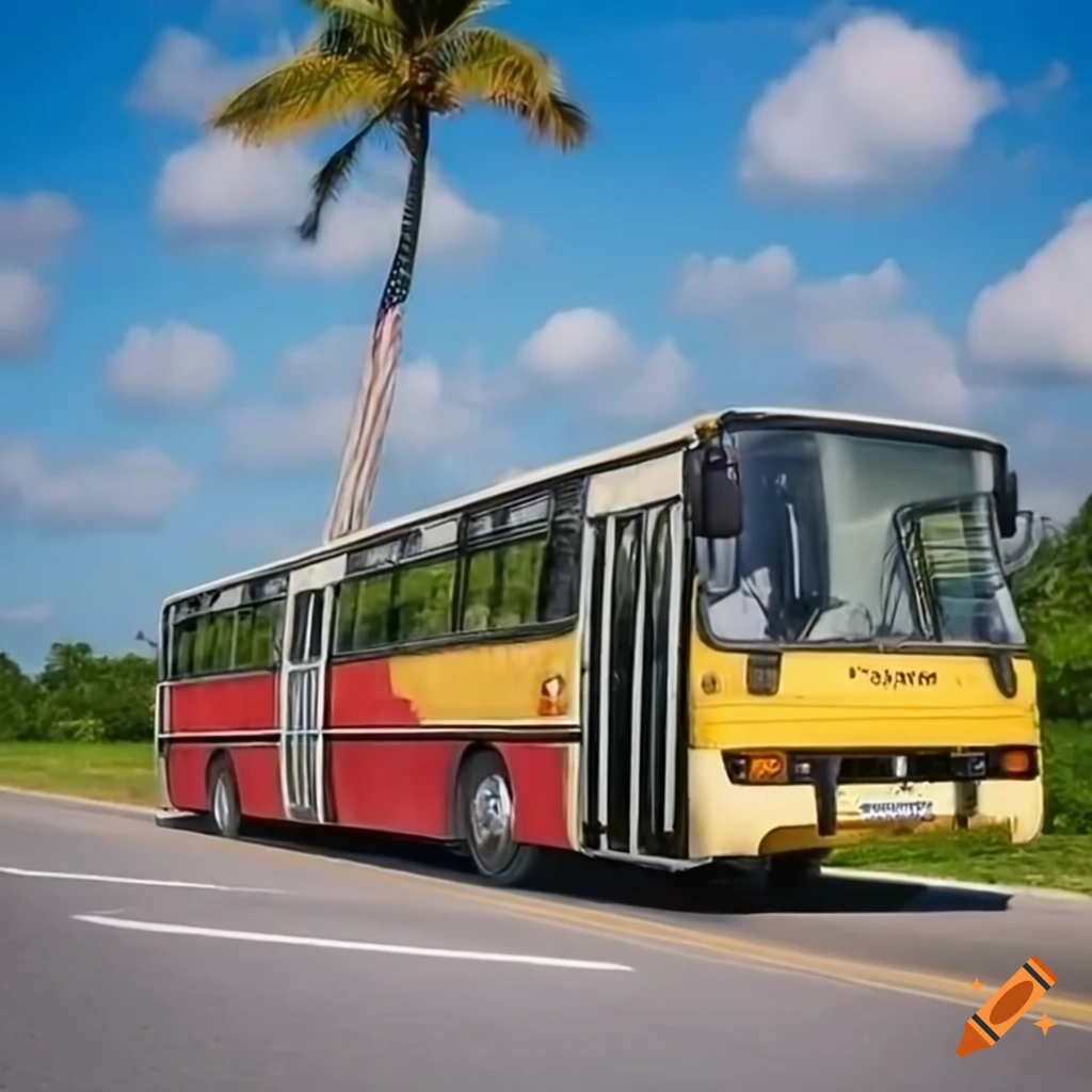 Ikarus 280 bus on the road in sunny Florida with palm trees in the background