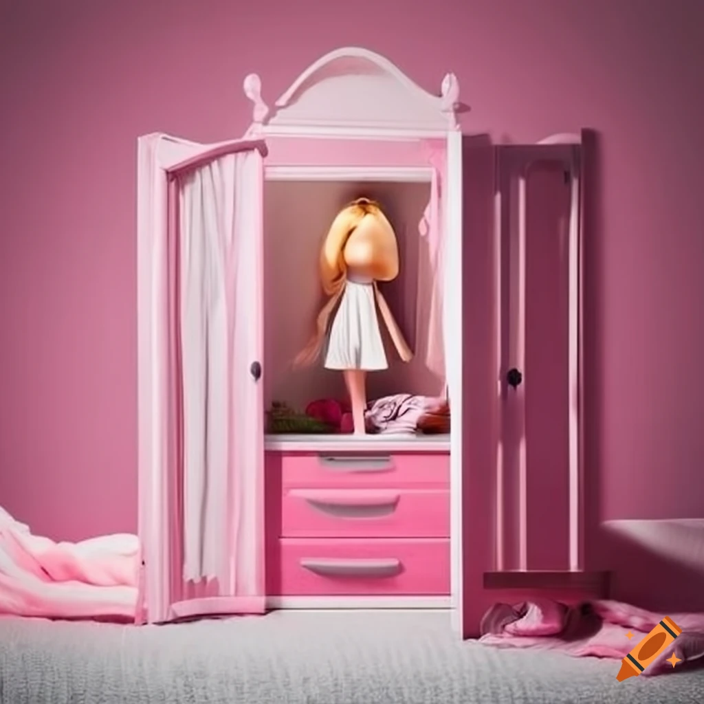 Pink bedroom with wooden wardrobe, white door, white blanket, and big doll