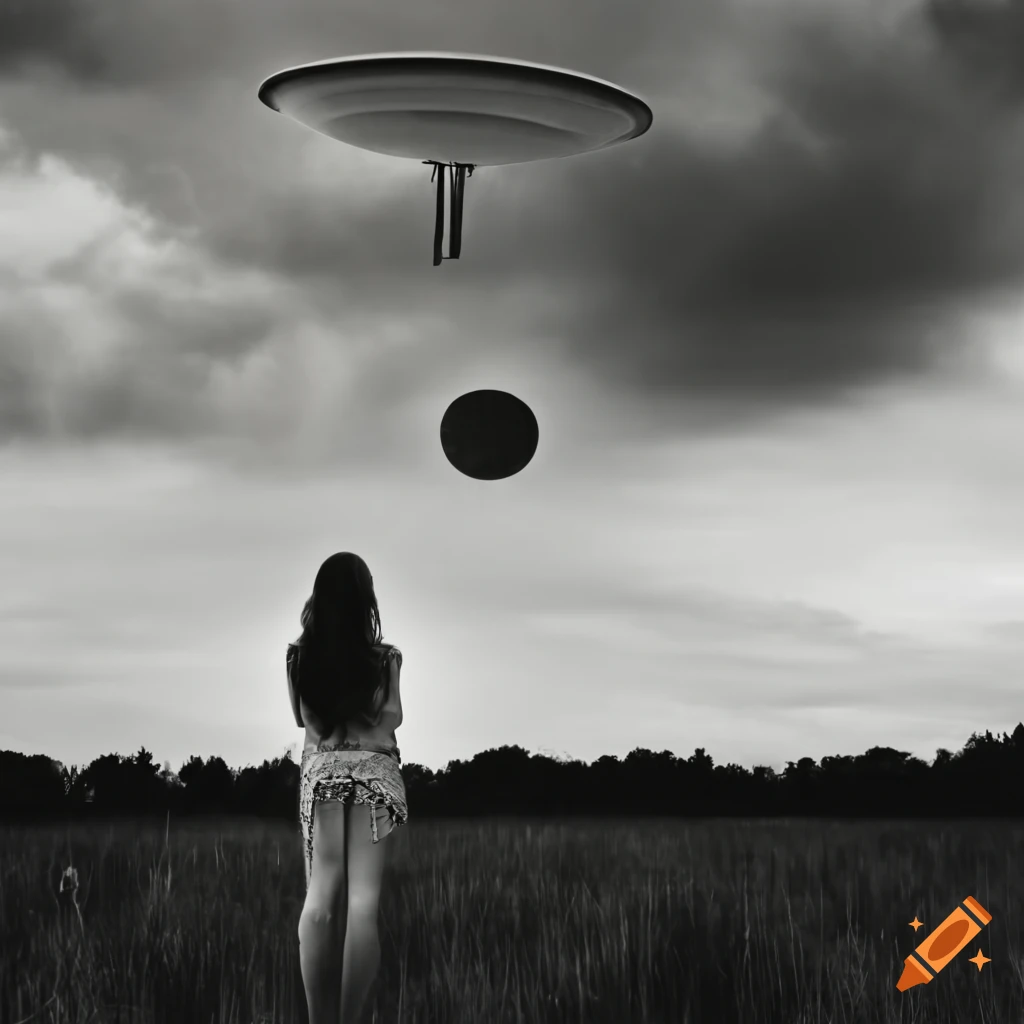Woman in jeans standing in a field with a distant UFO landing