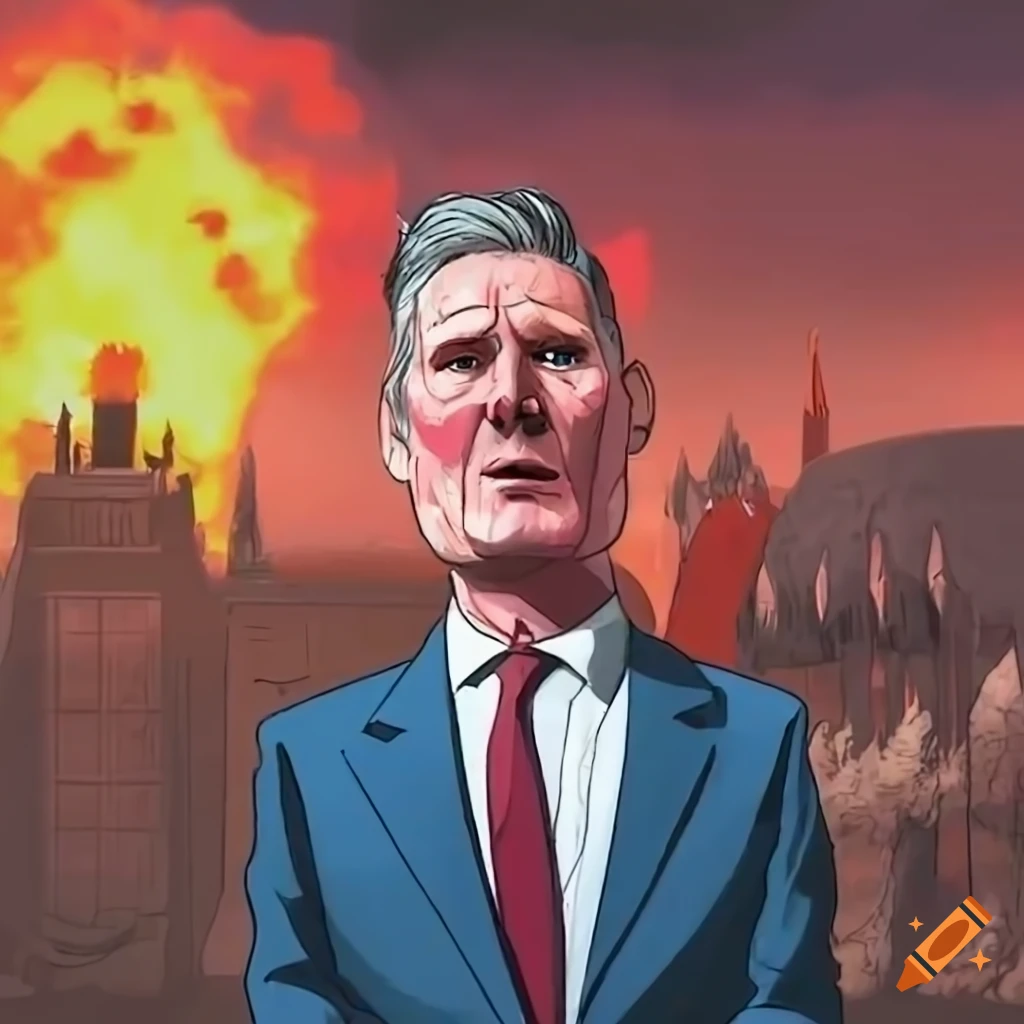 Keir Starmer with a nuclear explosion background in 8k high definition  political satire cartoon on Craiyon