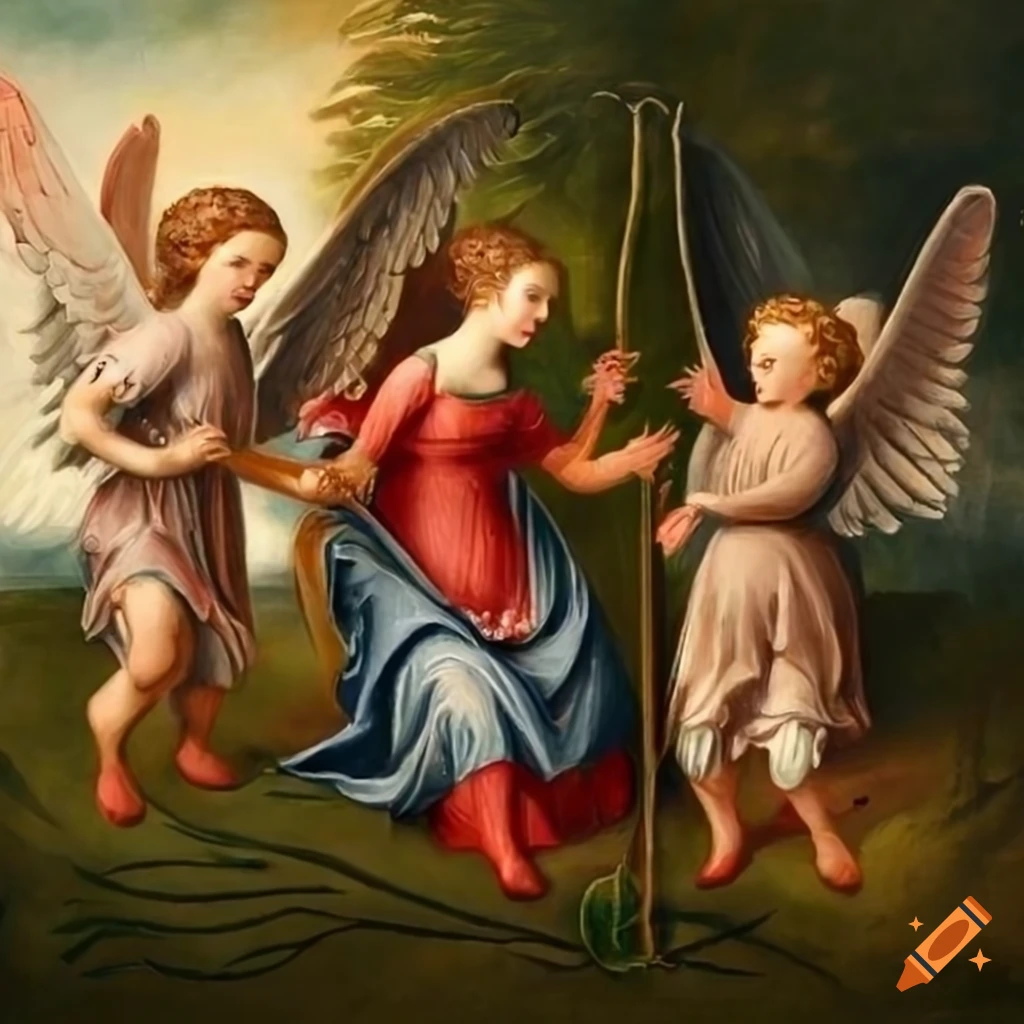 Group of angels frolicking in a strawberry field with gold leaf touches