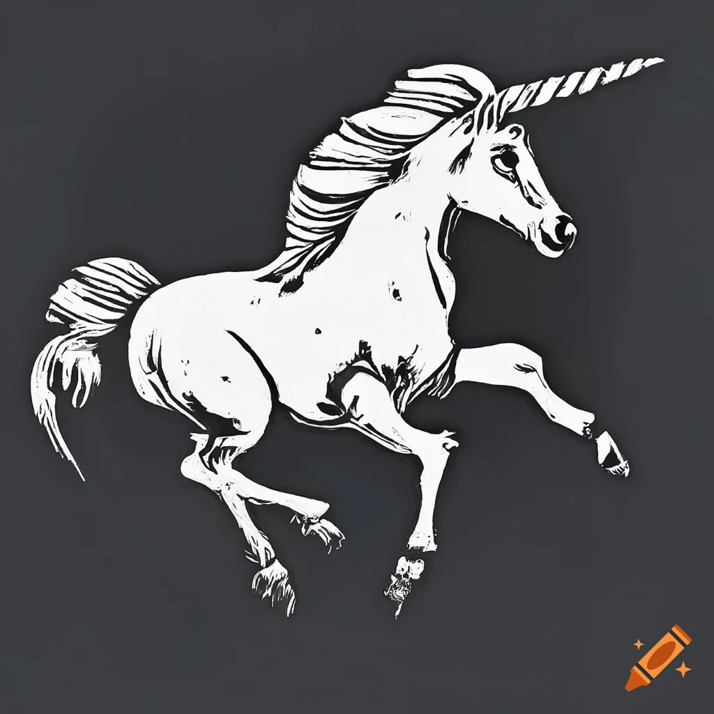 Galloping unicorn in linocut style black and white