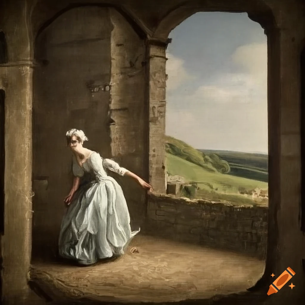 18th century countryside woman escaping from a castle prison
