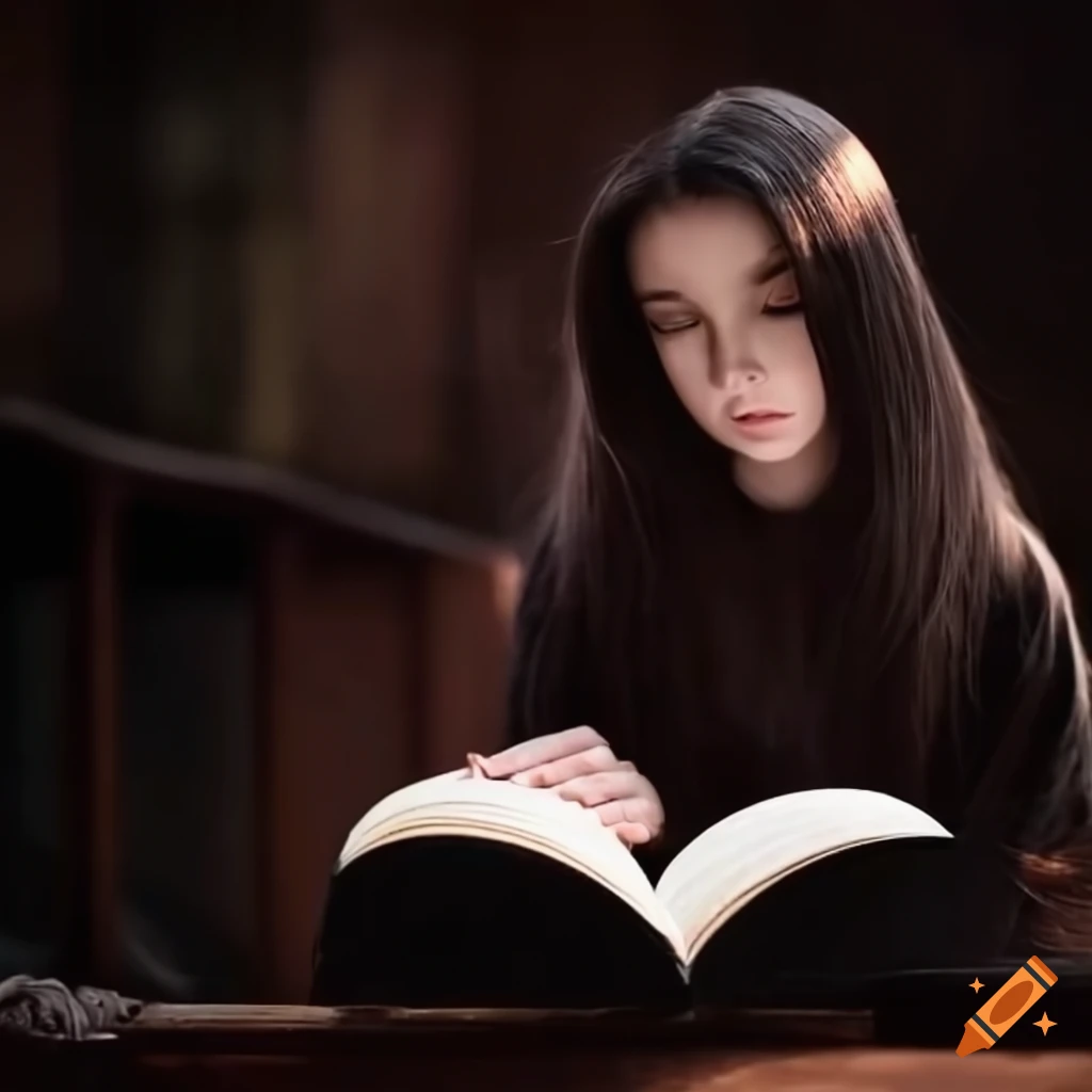 Girl with dark hair studying old church records