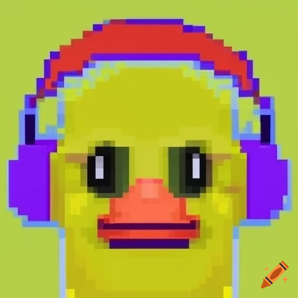 Vibrant pixel art of a cute yellow duck with headphones