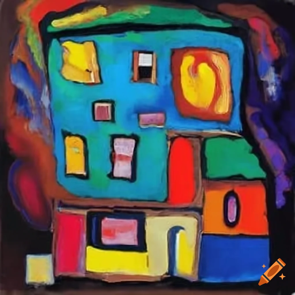Colorful abstract painting of a house by Kandinsky and Karel Appel
