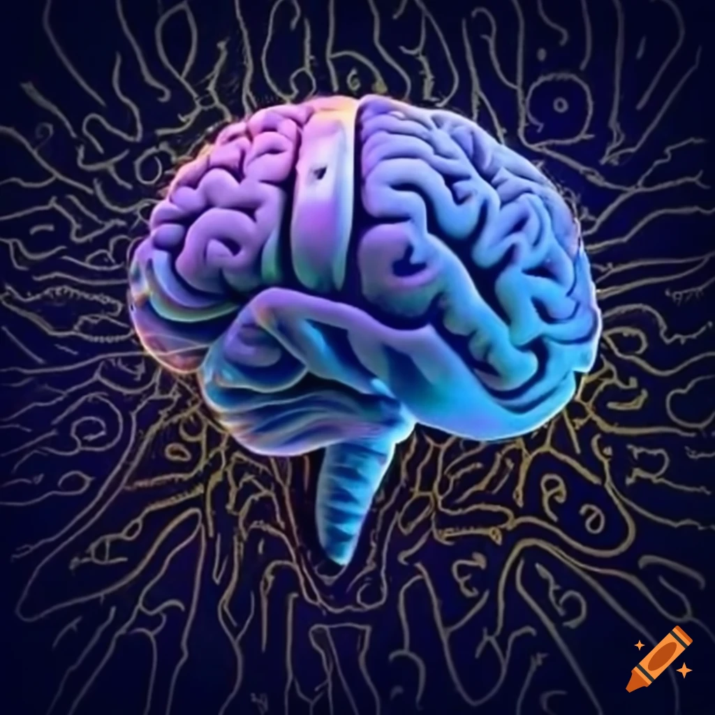 Stylized brain with geometric or fractal patterns symbolizing ideas and connections in green, blue, yellow, and white tones
