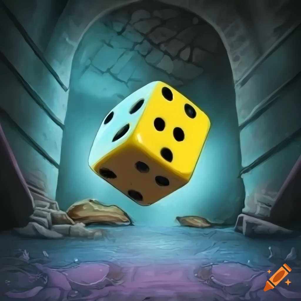 Dice falling down stairs into a cellar in a 2D illustration