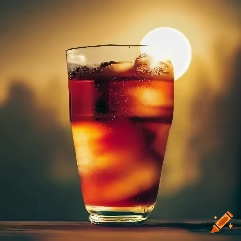 Glass of soda on a wooden table bathed in morning sun