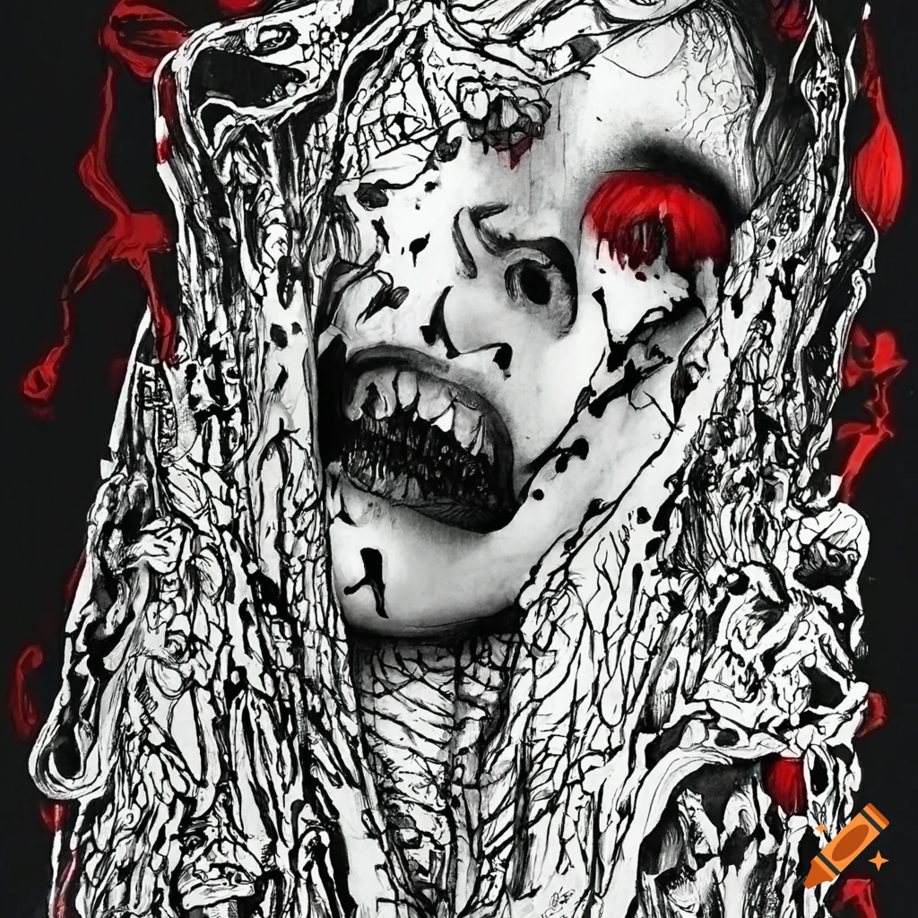 Intricate black red and white ink drawing of a tormented ghost filled with extreme anxiety