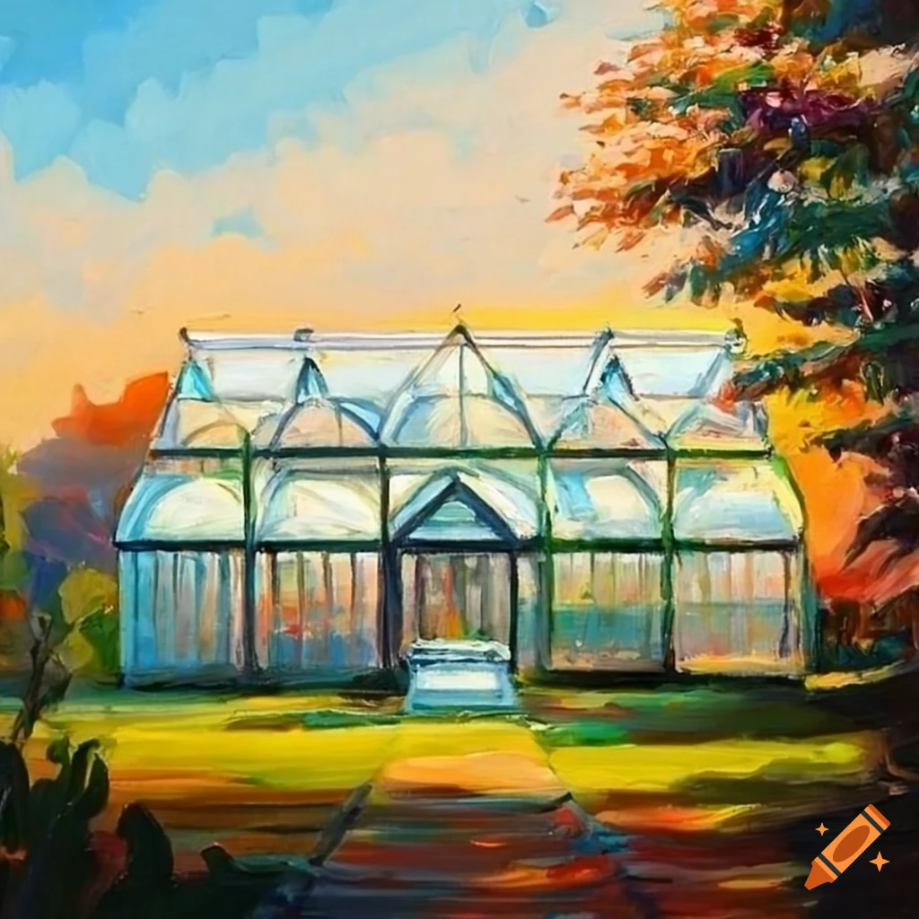 Greenhouse exterior depicted in an oil painting