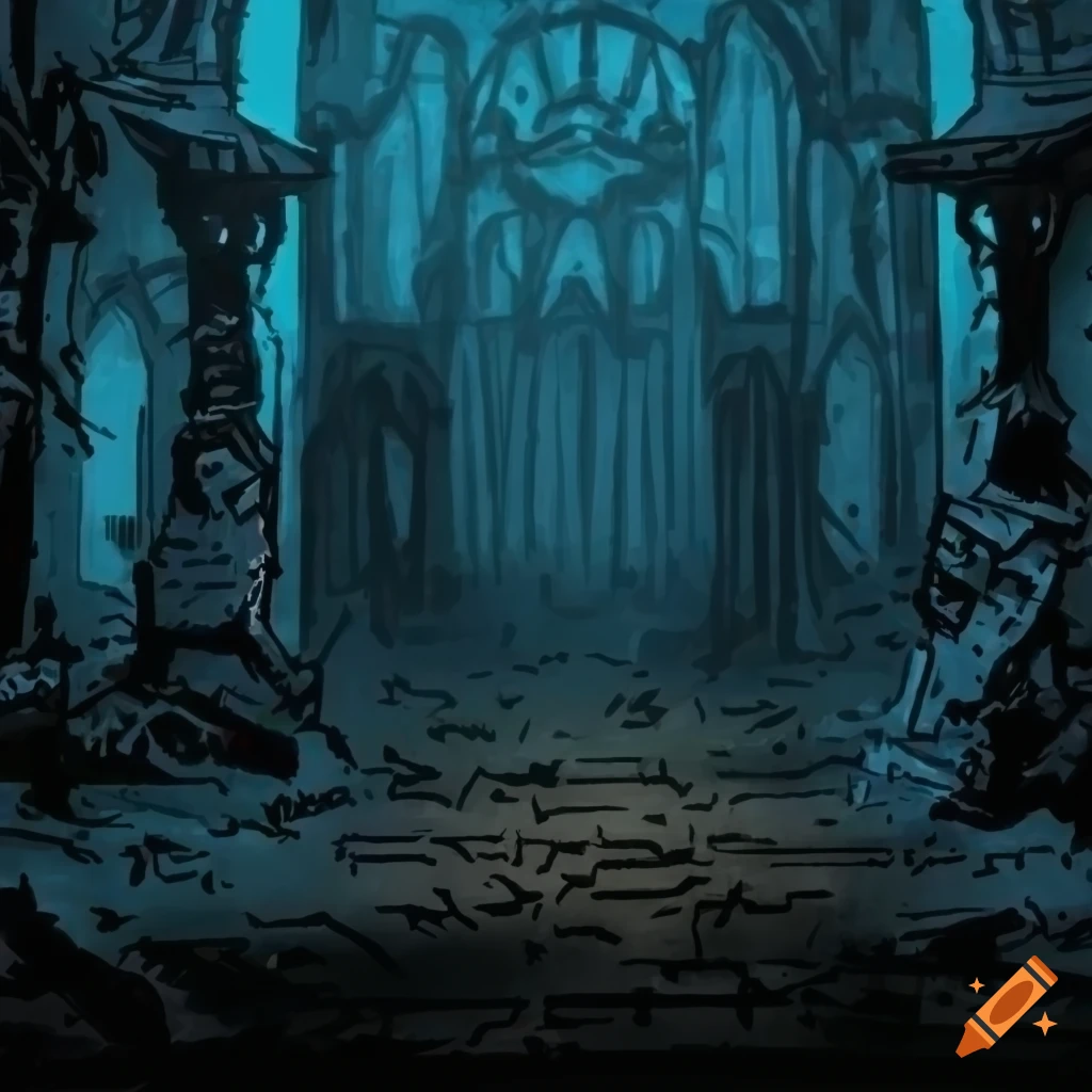 Gloomy dark hall with debris in gothic style inspired by Darkest Dungeon