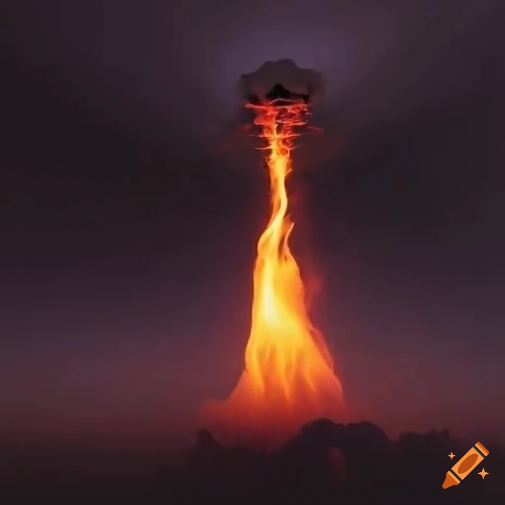 Angular bone spaceship descending from clouds on dark flame pillars
