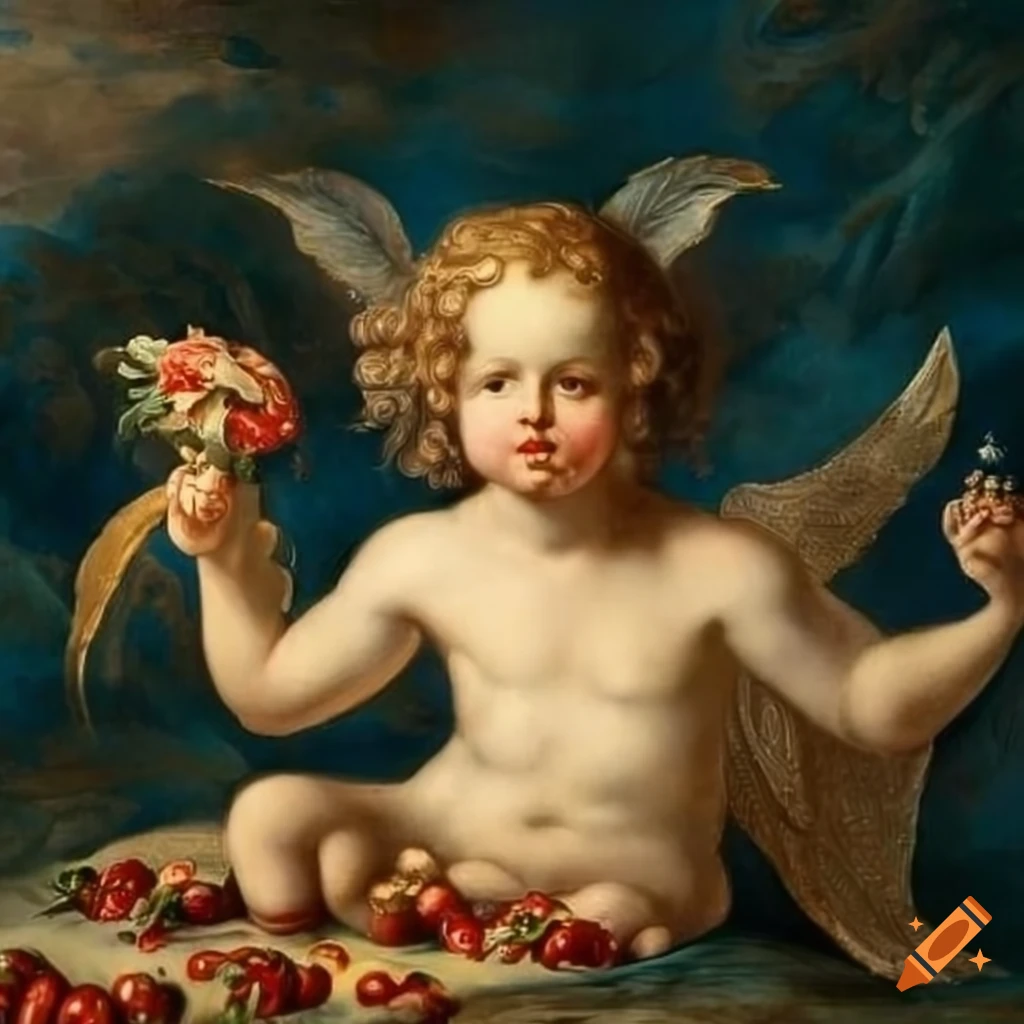 Renaissance painting of cherubs picking strawberries with gold leaf details