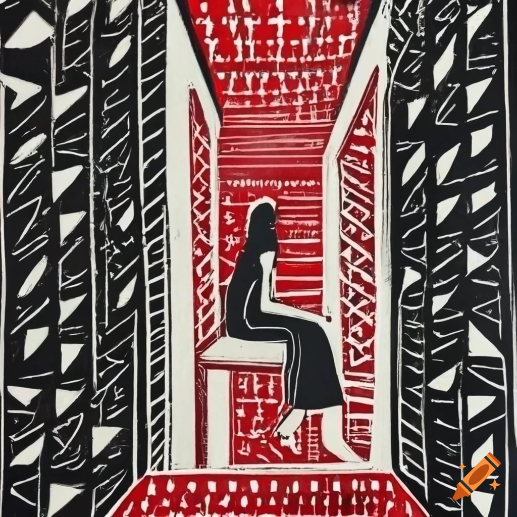 Lino print of a woman in an empty room with black, white, and red colors and geometric designs