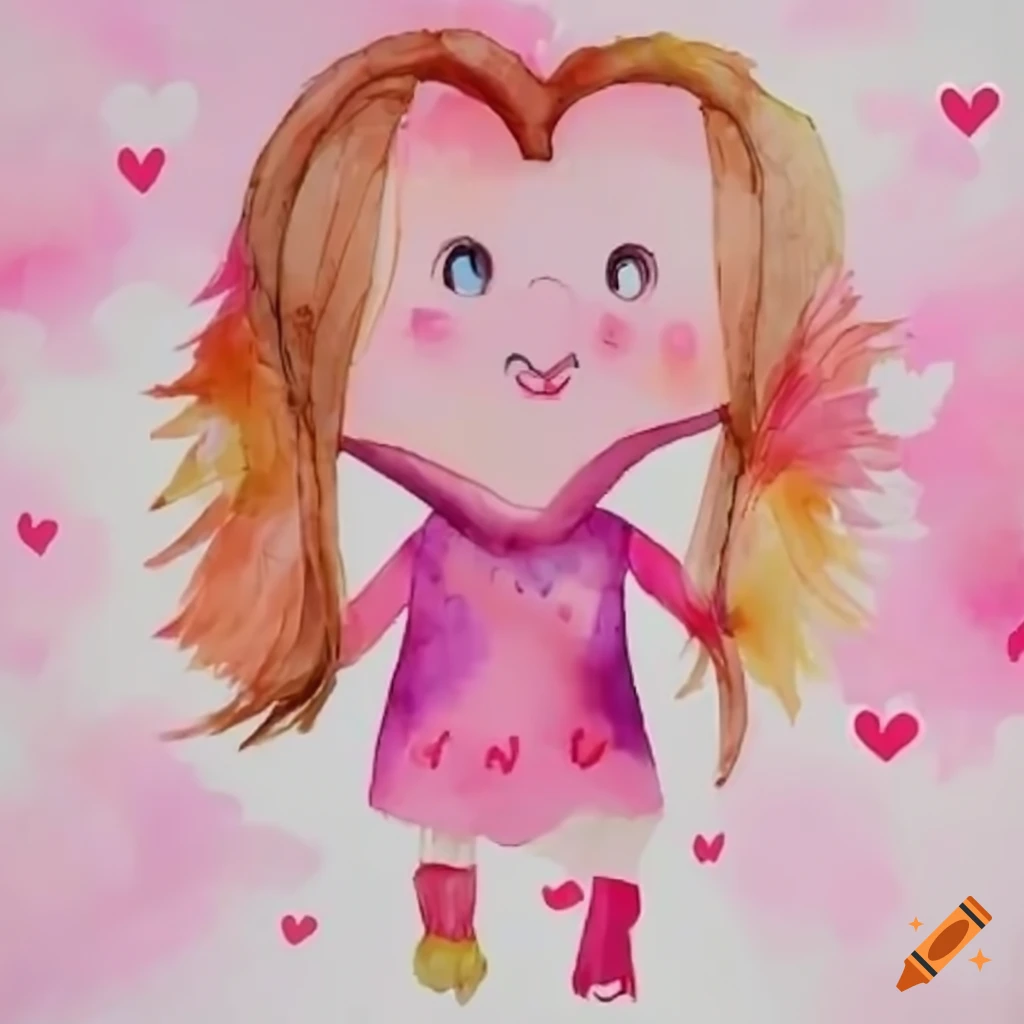 3D animated cartoon character with pink skin and heart-themed clothing