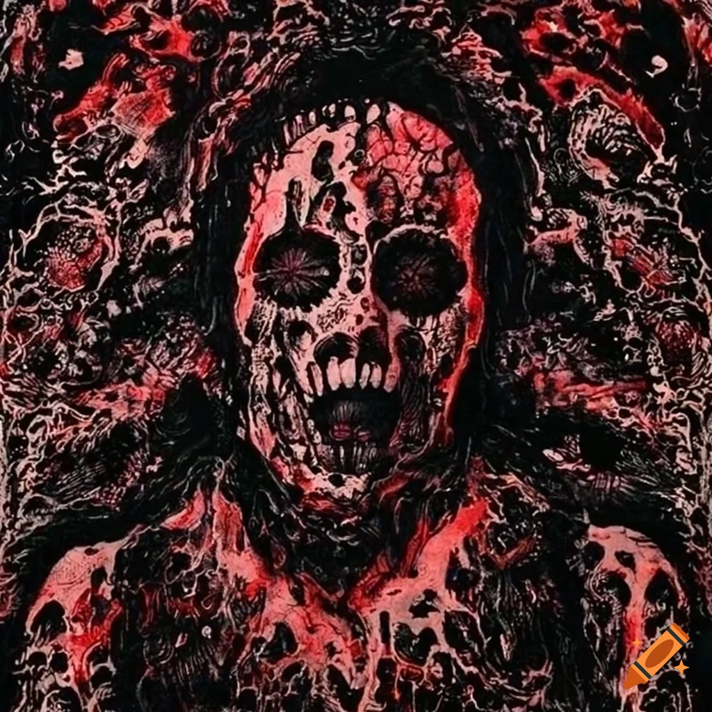 Intricate black red and white ink drawing of a tormented ghost filled with extreme anxiety