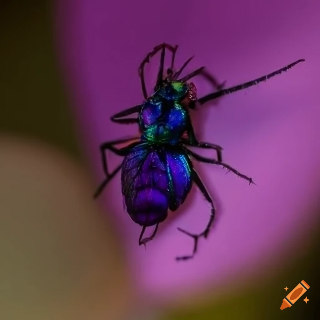 Violet insect holding an egg