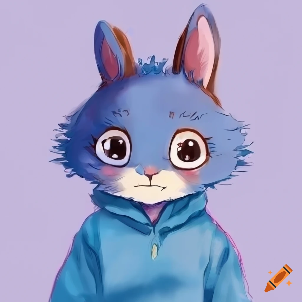 Cute anthro brown bunny wearing a blue shirt inspired by Ghibli style