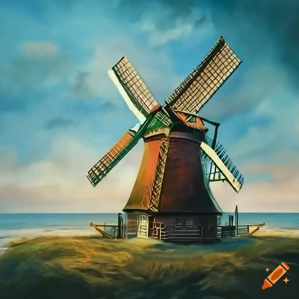 Dutch realistic art of a windmill next to the sea