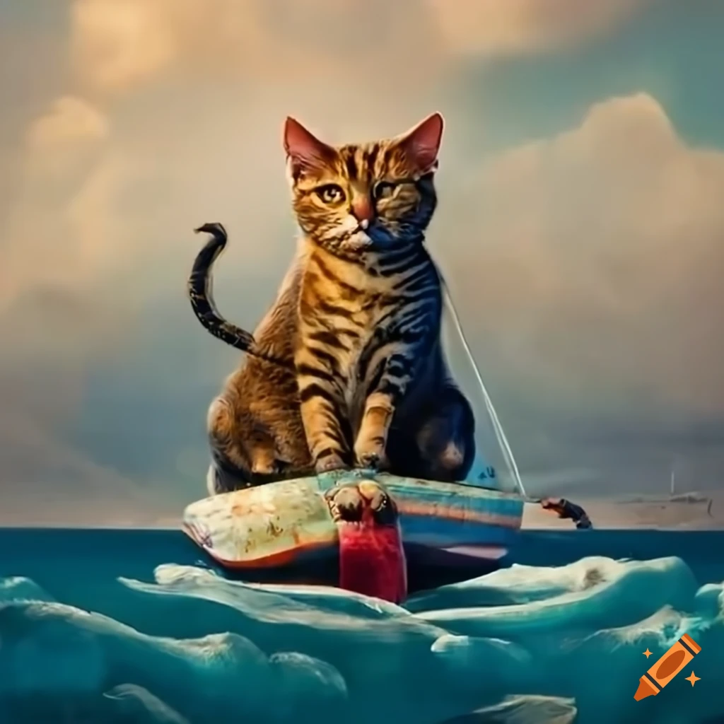 Cat on a dog on a horse on an elephant on a tank on a boat on a plane on a ship