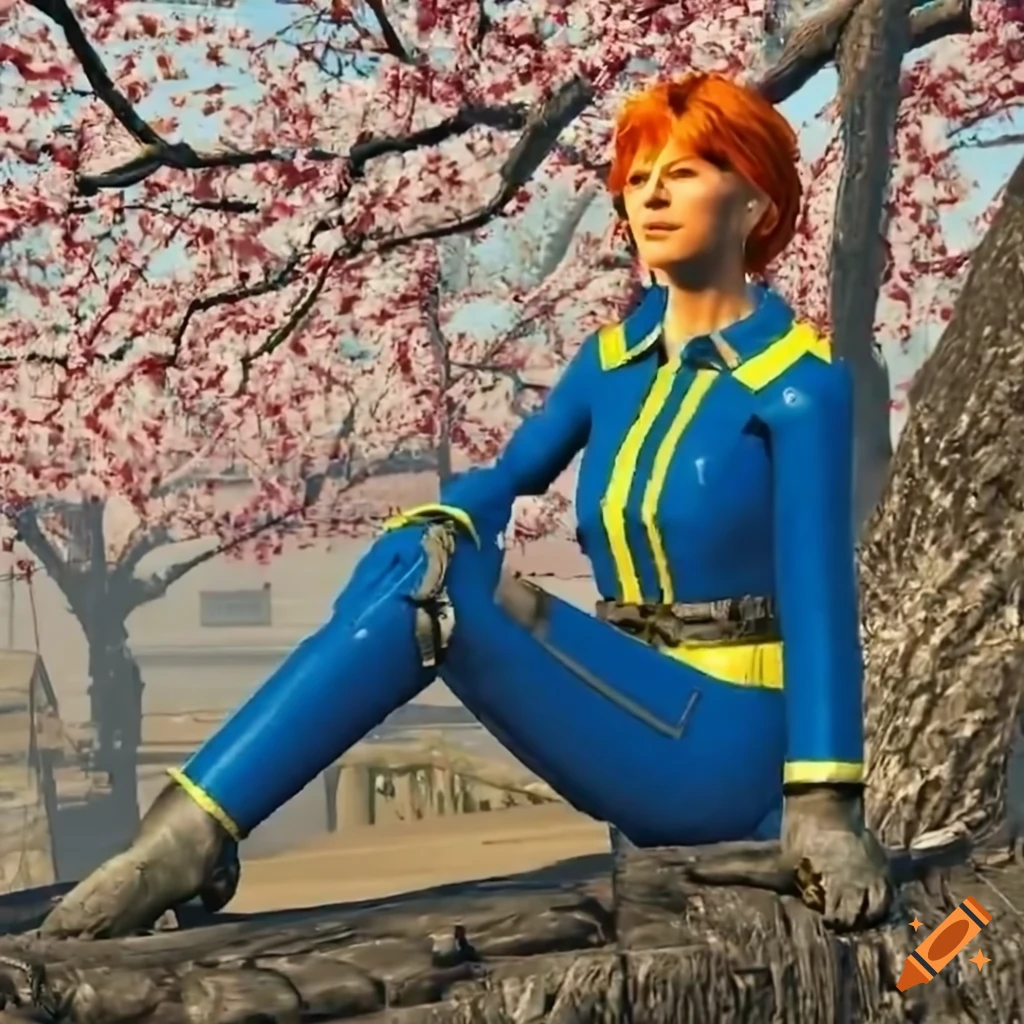 PC-98 pixel art of irish idol actress in blue leather vault-suit sleeping under a cherry tree