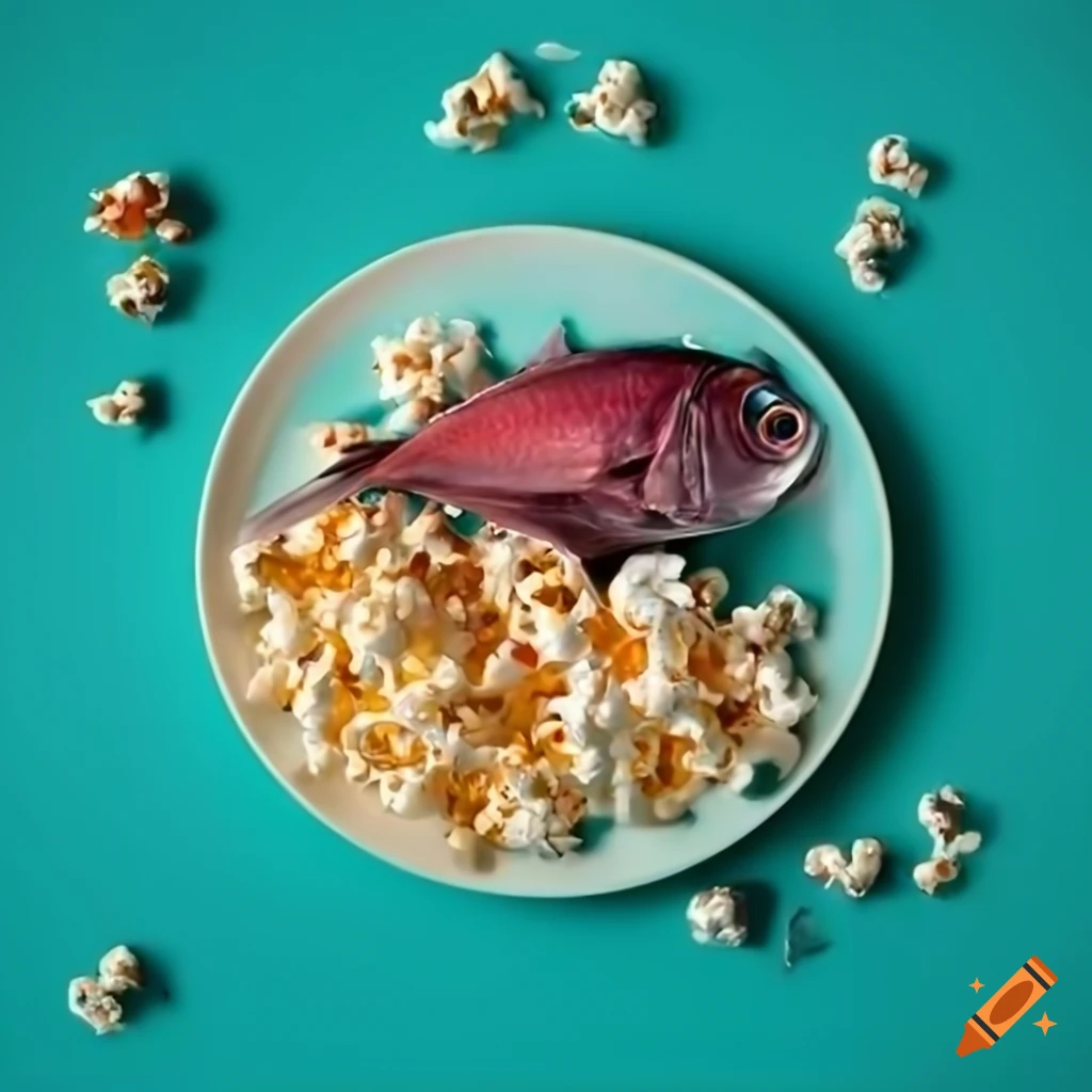 Tuna fish and popcorn on a plate with a teal background