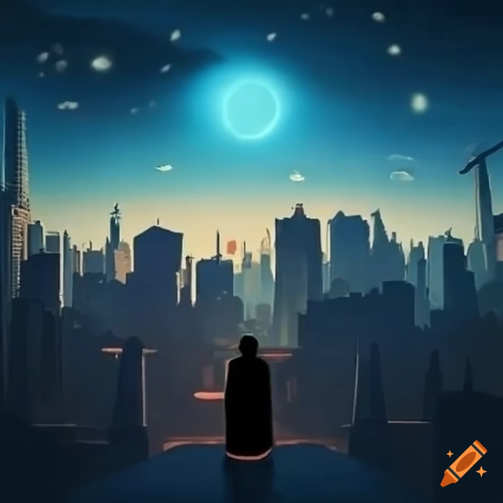 2D image of a god and hero looking at a city