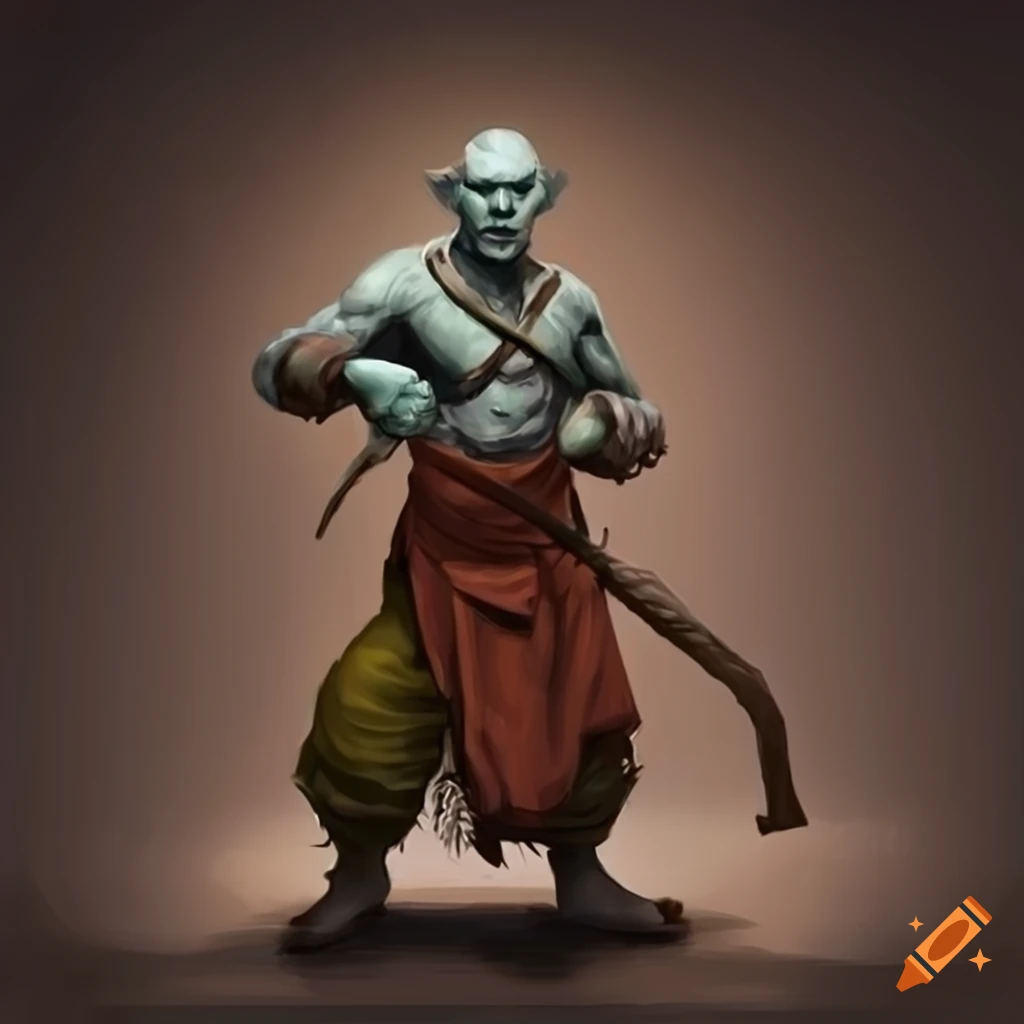 Half-orc monk in Buddhist robes practicing martial arts