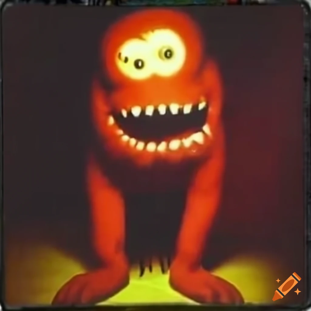 Colorful children's mascot monster crawling through a dark elementary school