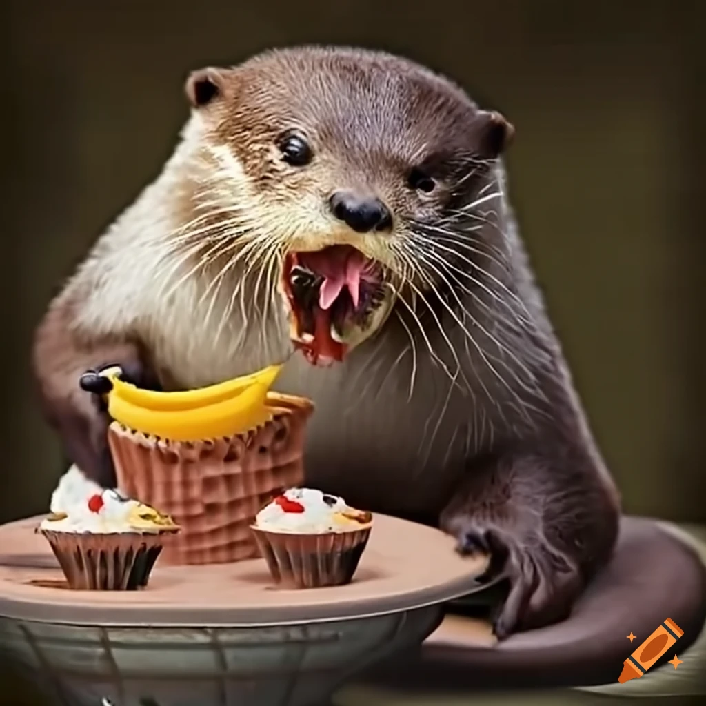 Otter juggling bananas and enjoying a cupcake