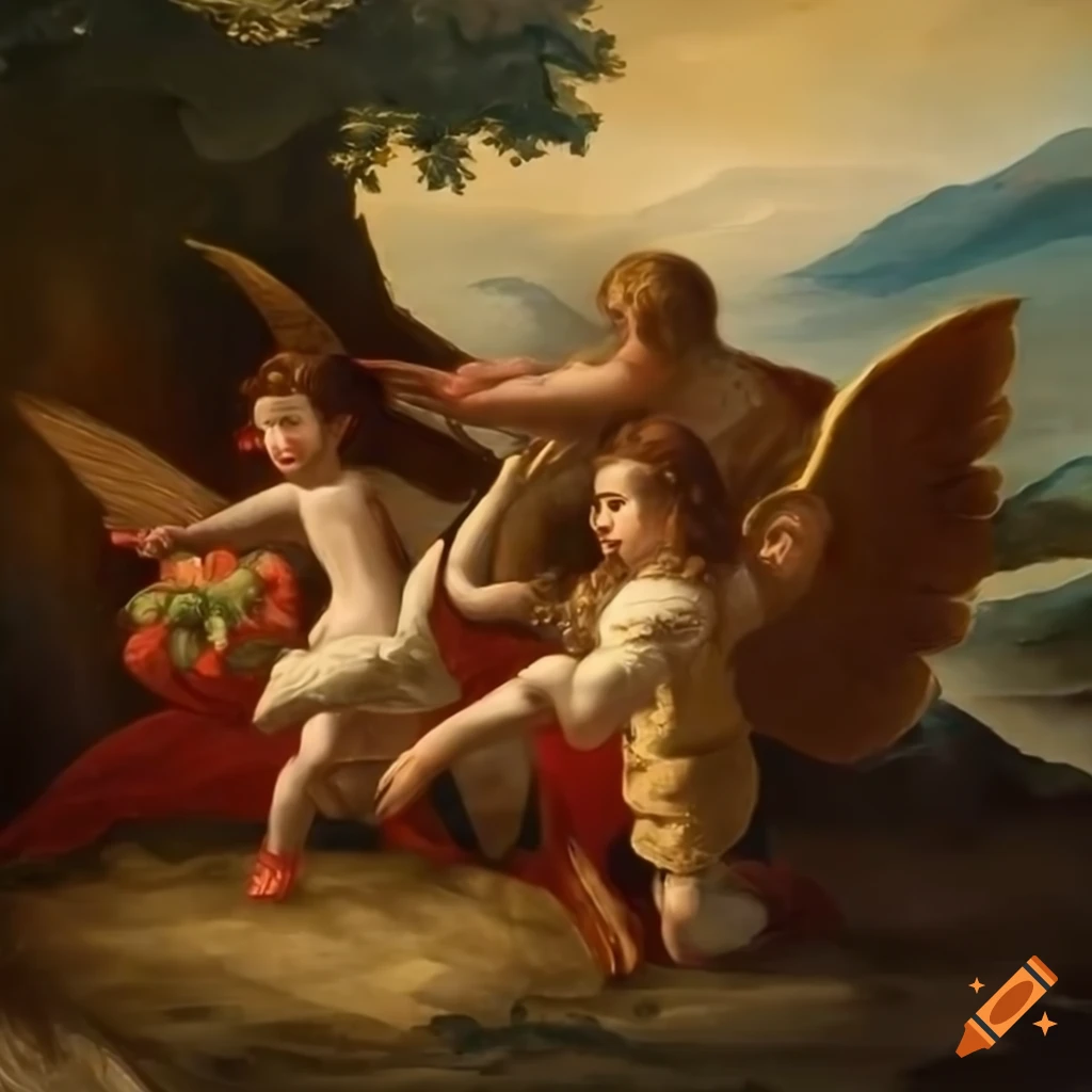 Group of angels frolicking in a strawberry field with gold leaf touches