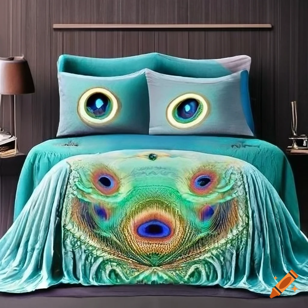 Intricately designed bedspread inspired by peacock feathers
