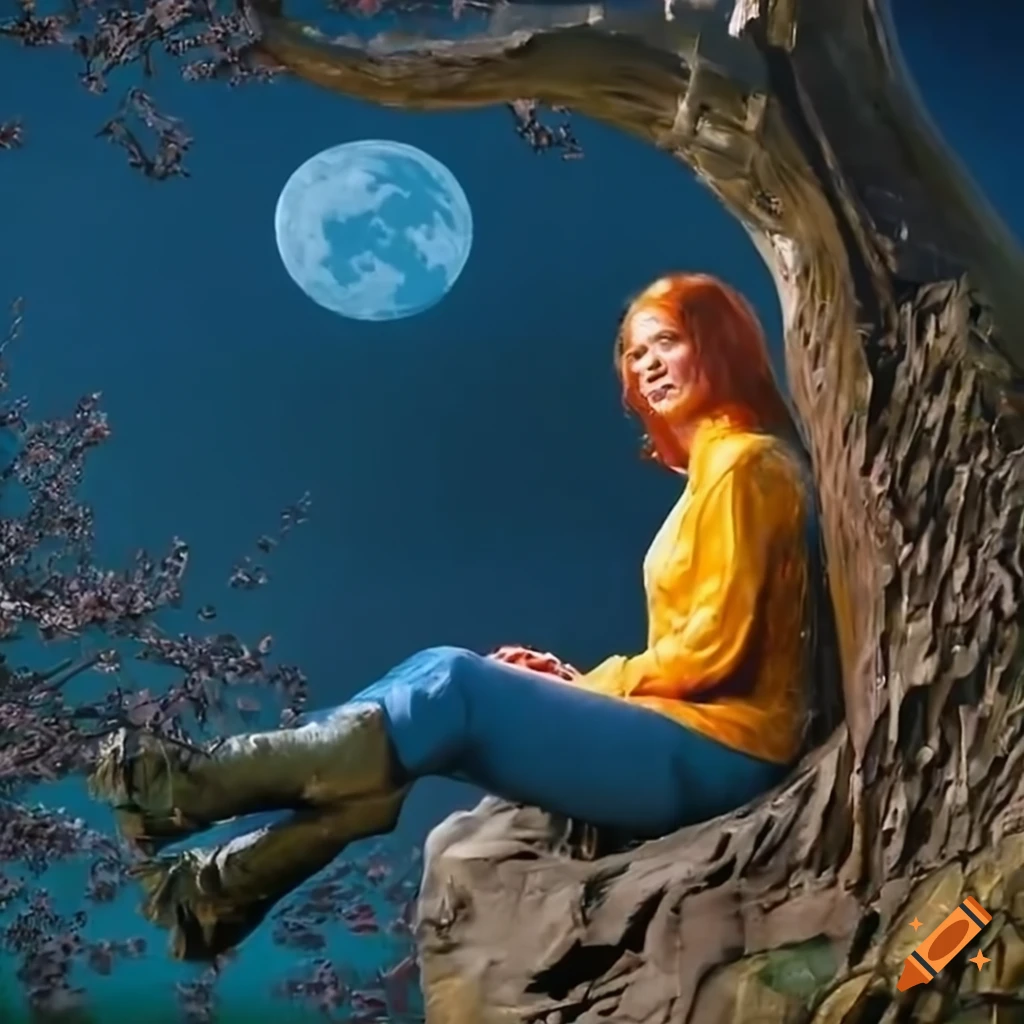 Smiling Japanese-Irish idol actress in iconic blue vault-suit under a blooming cherry in photorealistic art