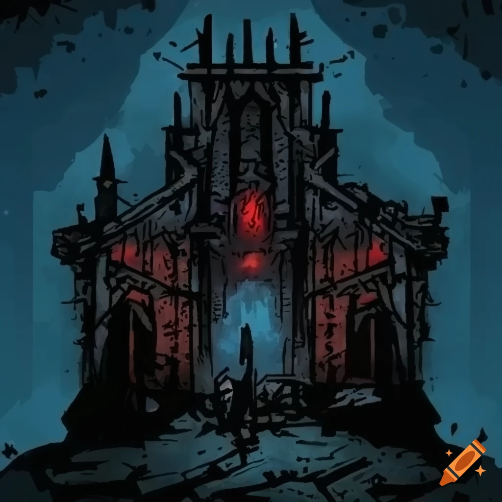 Gloomy dark hall with debris in gothic style inspired by Darkest Dungeon