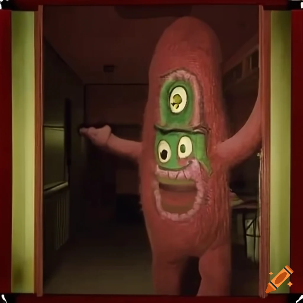 Colorful children's mascot monster in a school hallway from a VHS recording