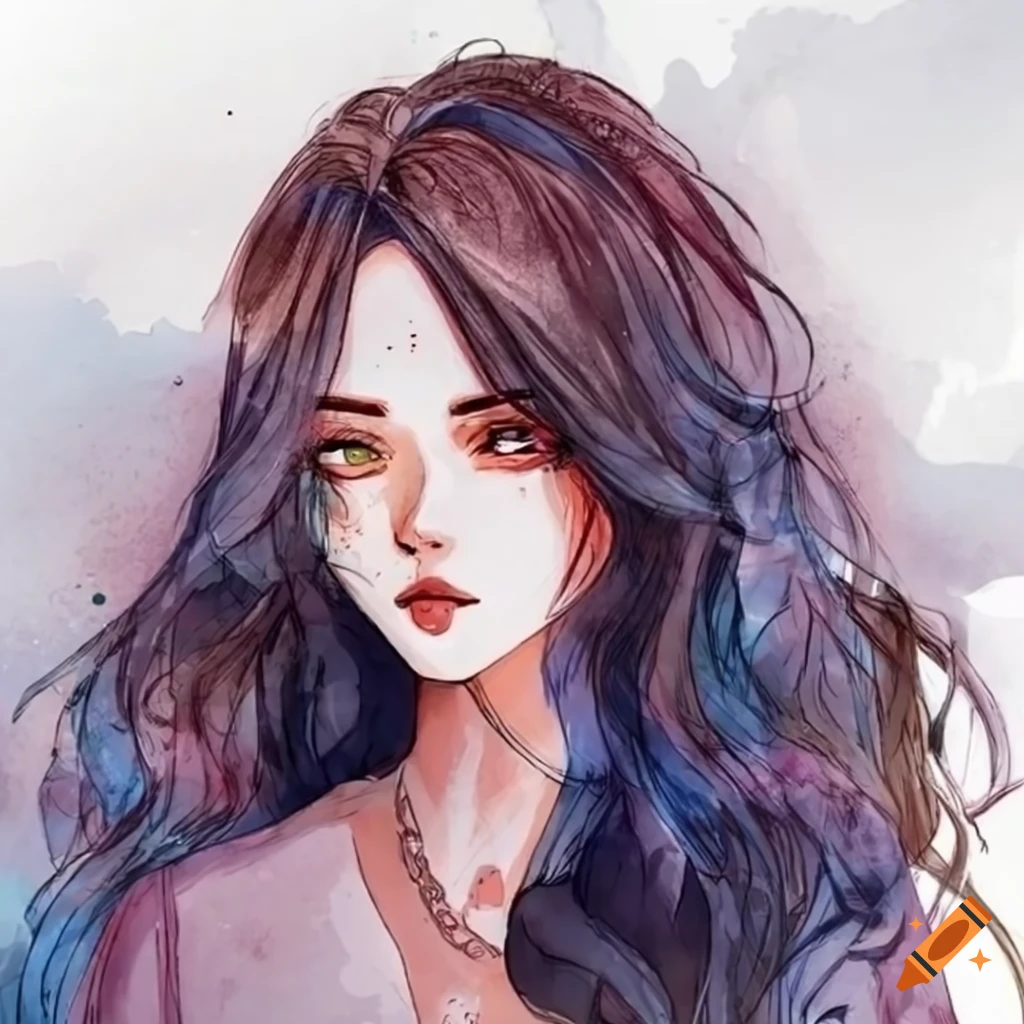 Beautiful woman with long, wavy hair in manhwa art style