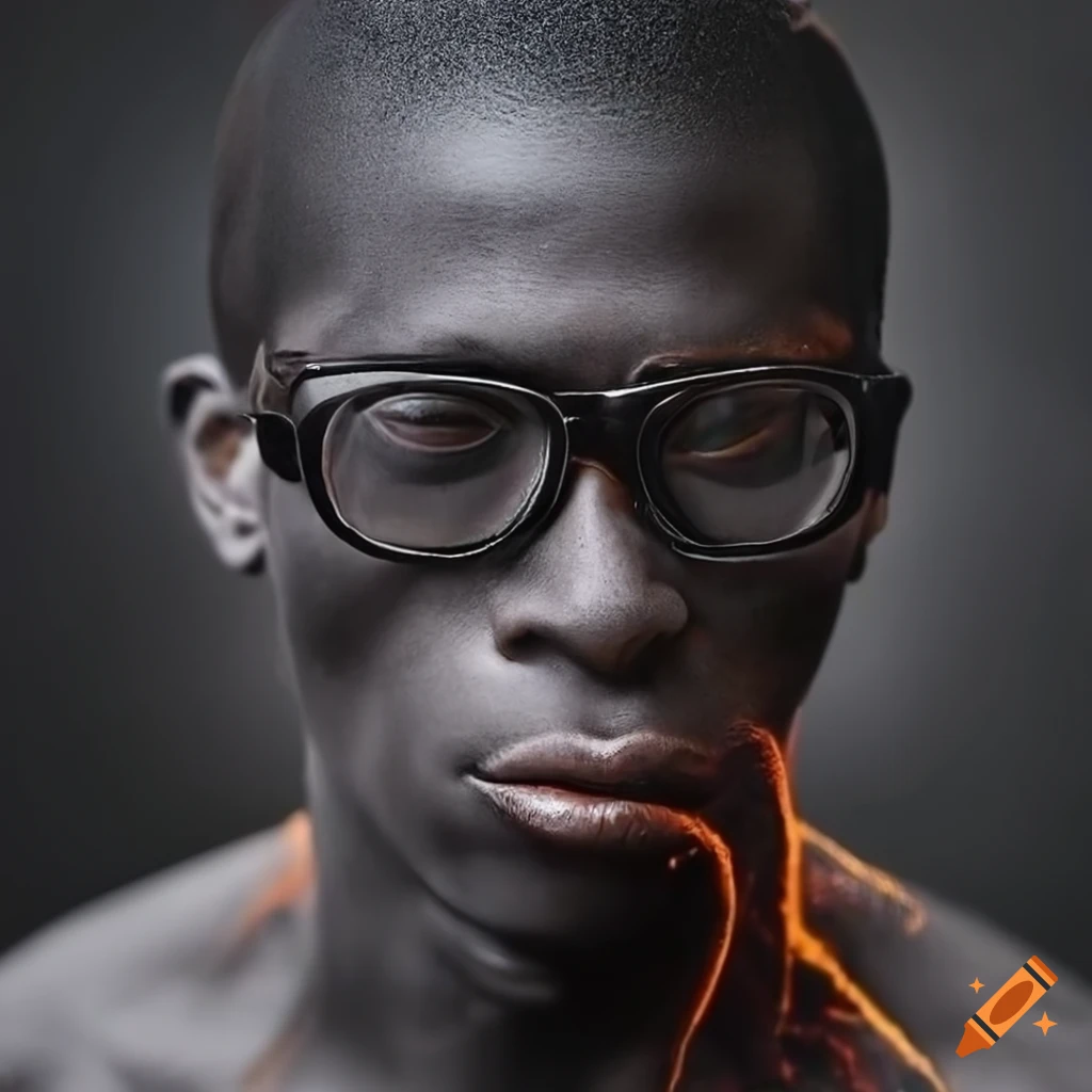 Hyperrealistic depiction of a man made of black lava shards wearing glasses