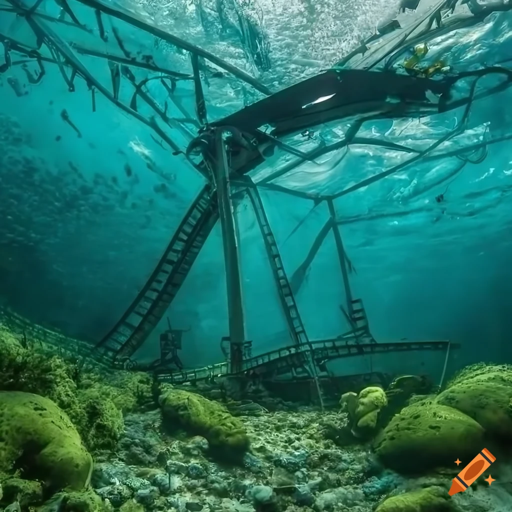 Abandoned post-apocalyptic underwater roller coaster