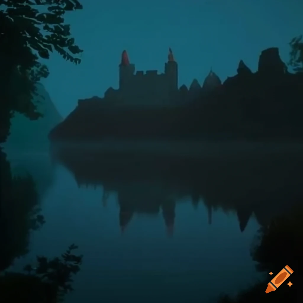 Jade-colored castle on a small island surrounded by a dark lake with misty tendrils
