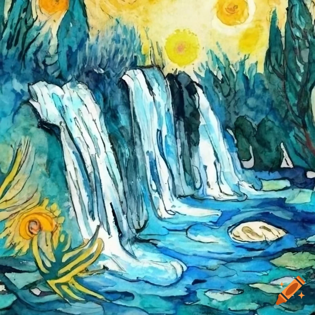 Warm waterfall in a watercolor Van Gogh style