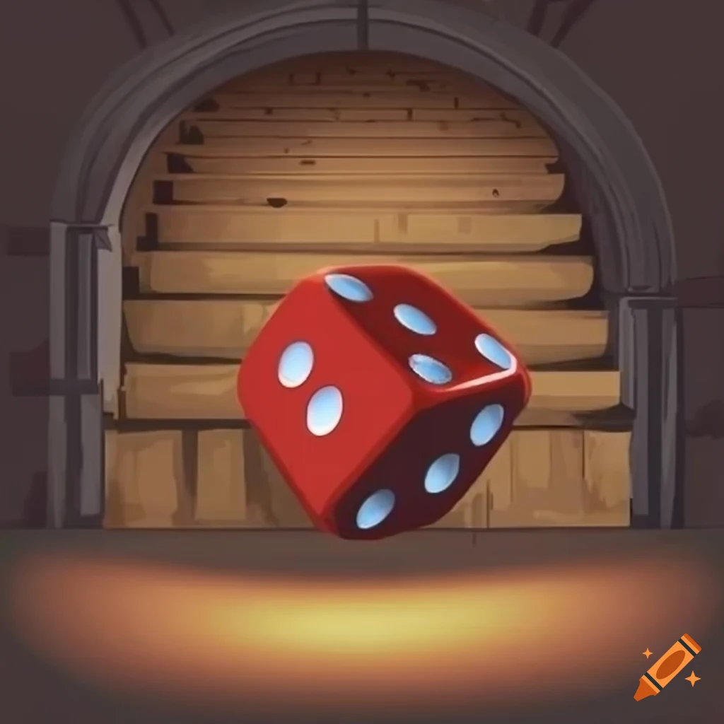 Dice falling down stairs into a cellar in a 2D illustration