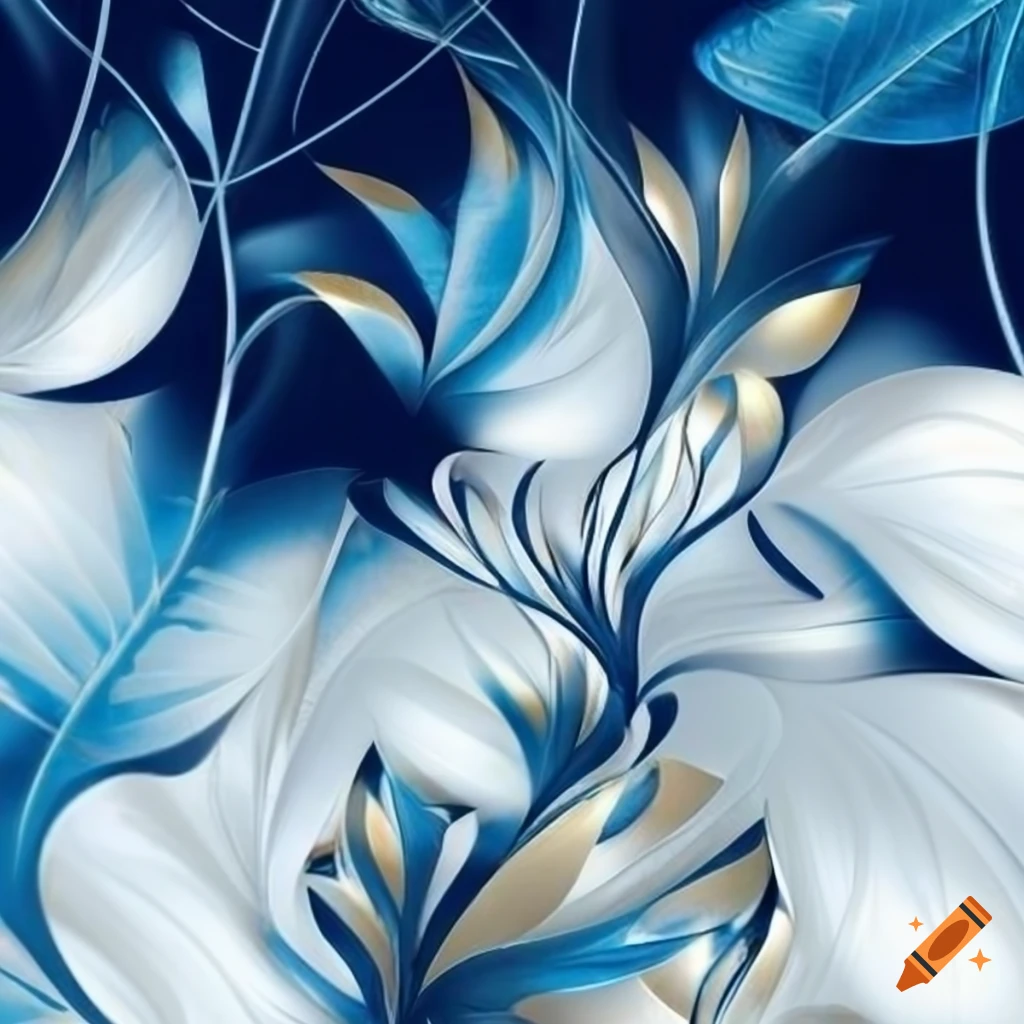 Abstract artwork with transparent leaves and flowers in silver, platinum, white, navy blue, and golden hues on a blue background