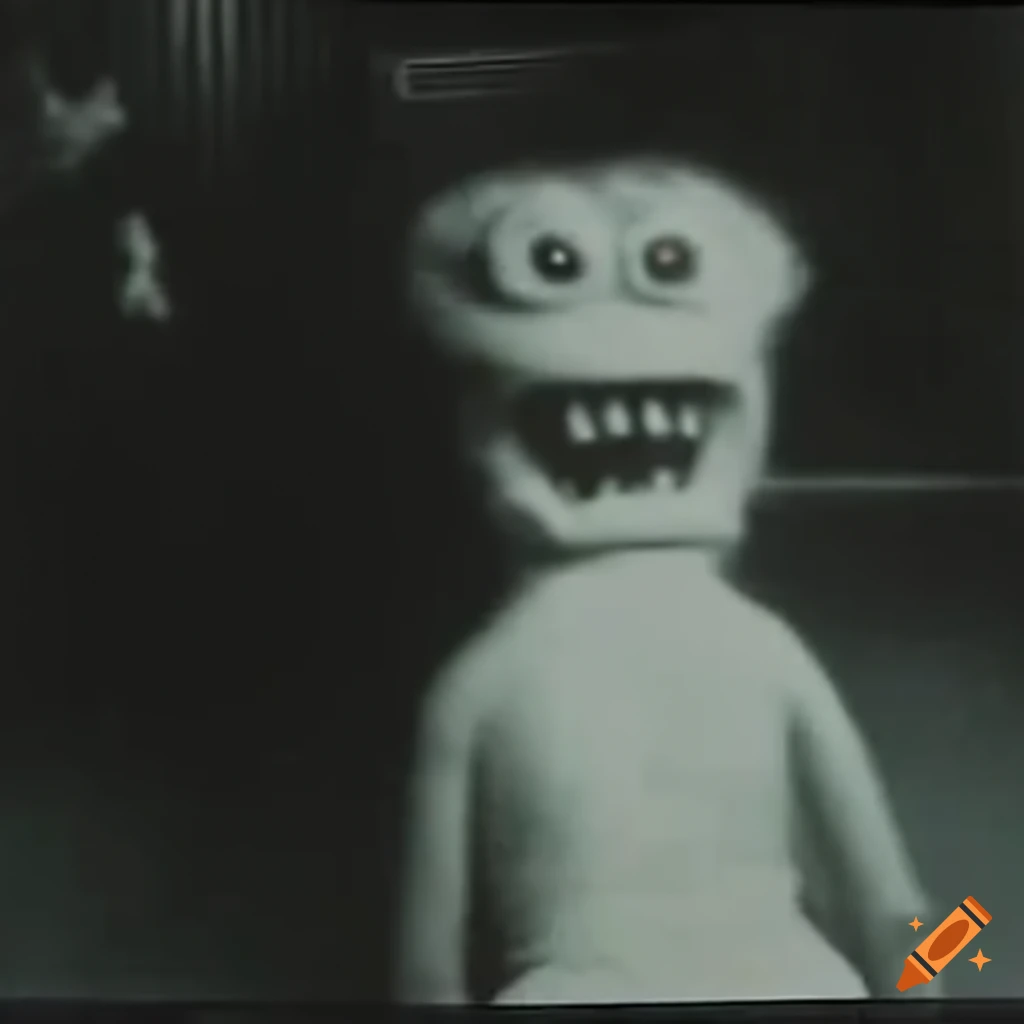 Colorful children's mascot monster crawling through a dark elementary school