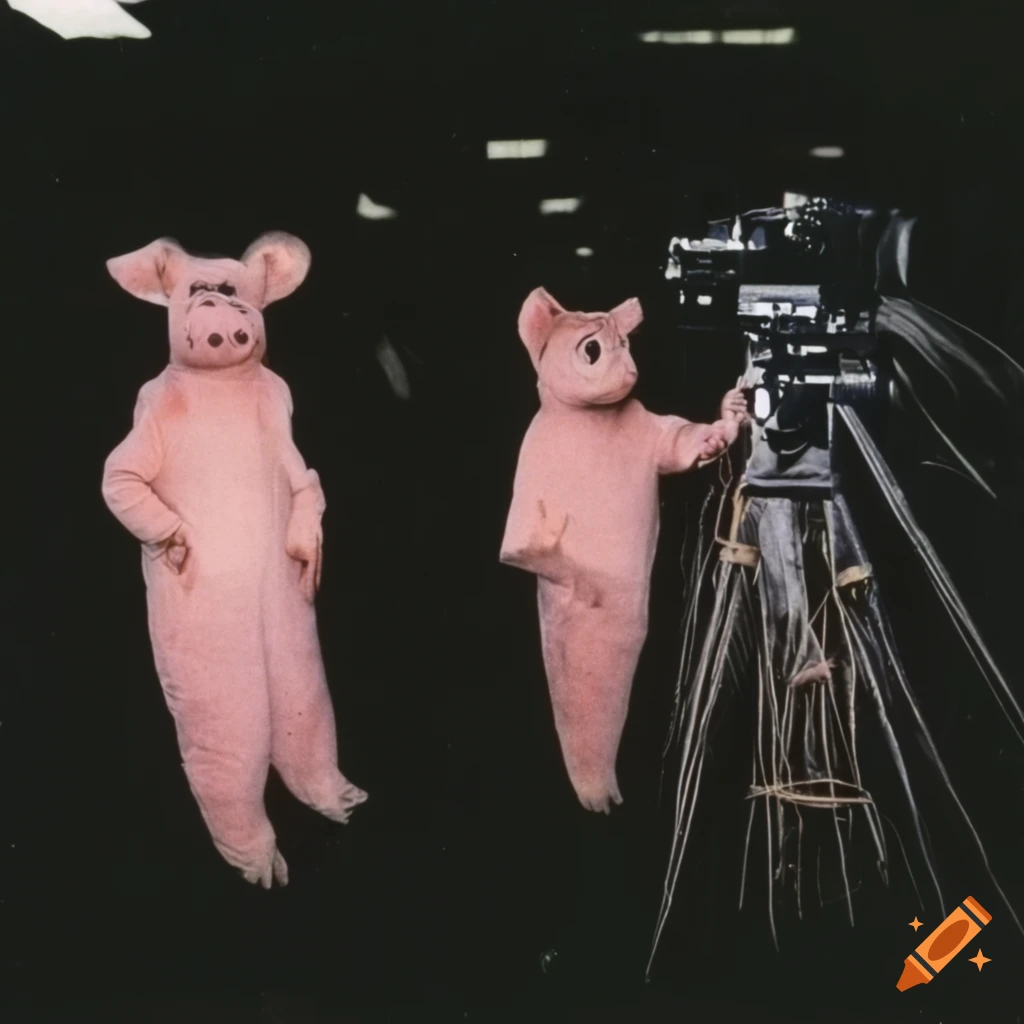 Silent film crew in a greenhouse with actors in pig costumes