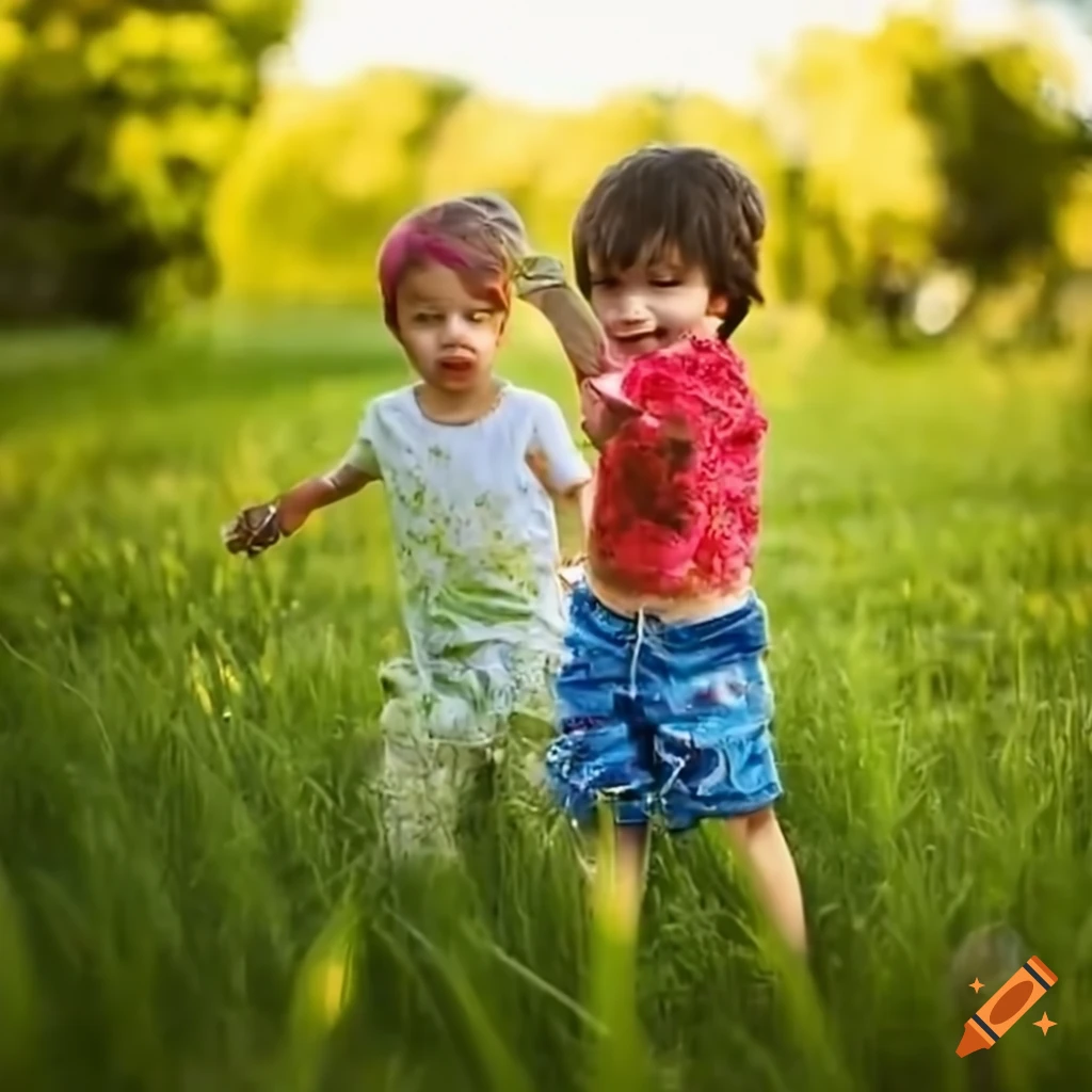 Kids playing in a field with grass stains on clothes
