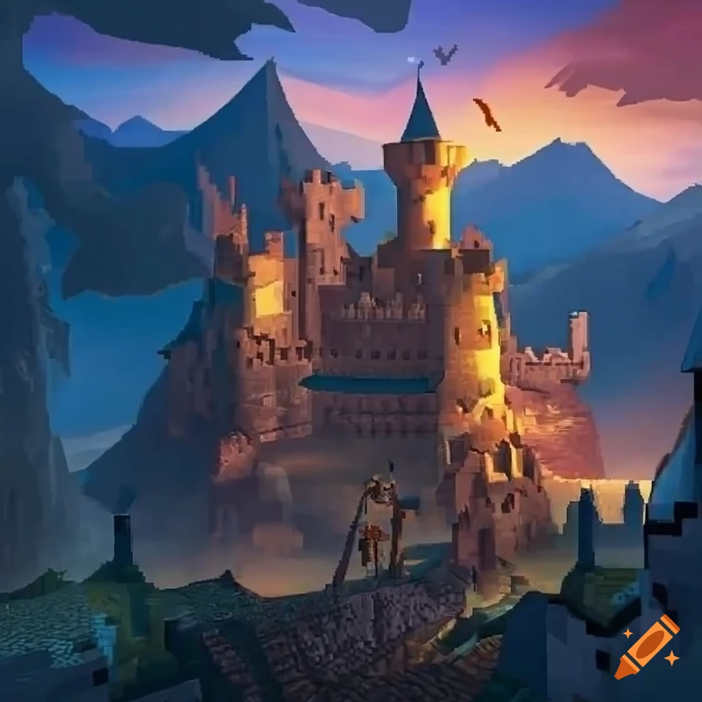 Minecraft kingdom with castle, mountain, dragon, and knight patrolling