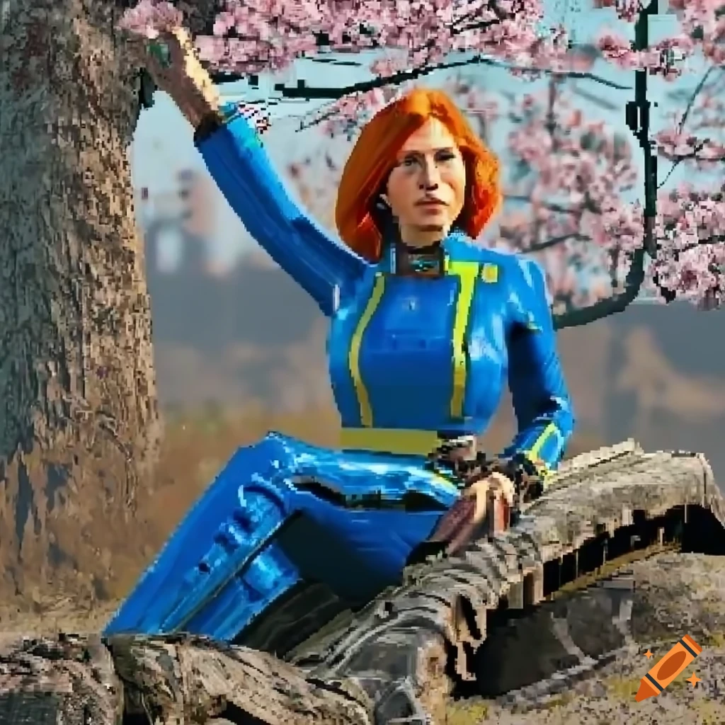 Pixel art of actress in blue leather vault-suit sleeping under a cherry tree