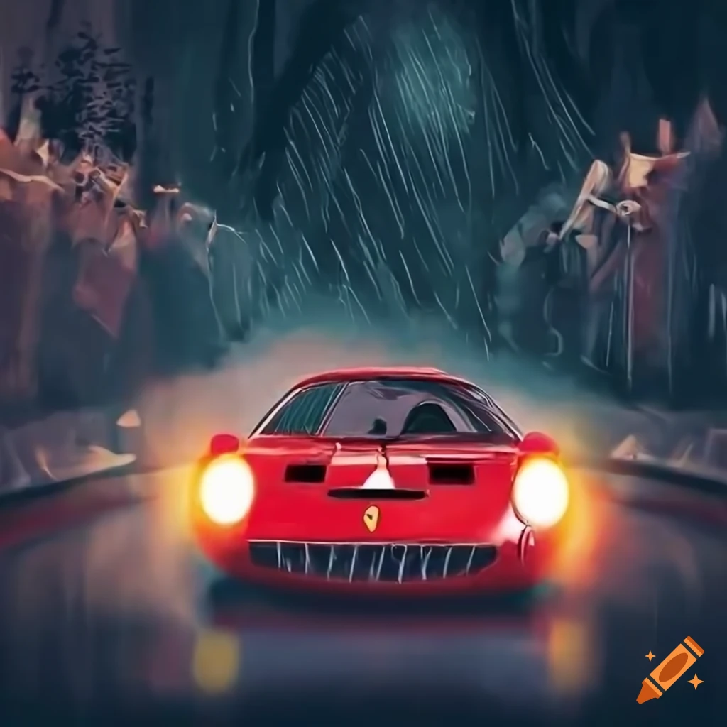 Ferrari oldtimer race scene drifting on a winding racetrack in the rain