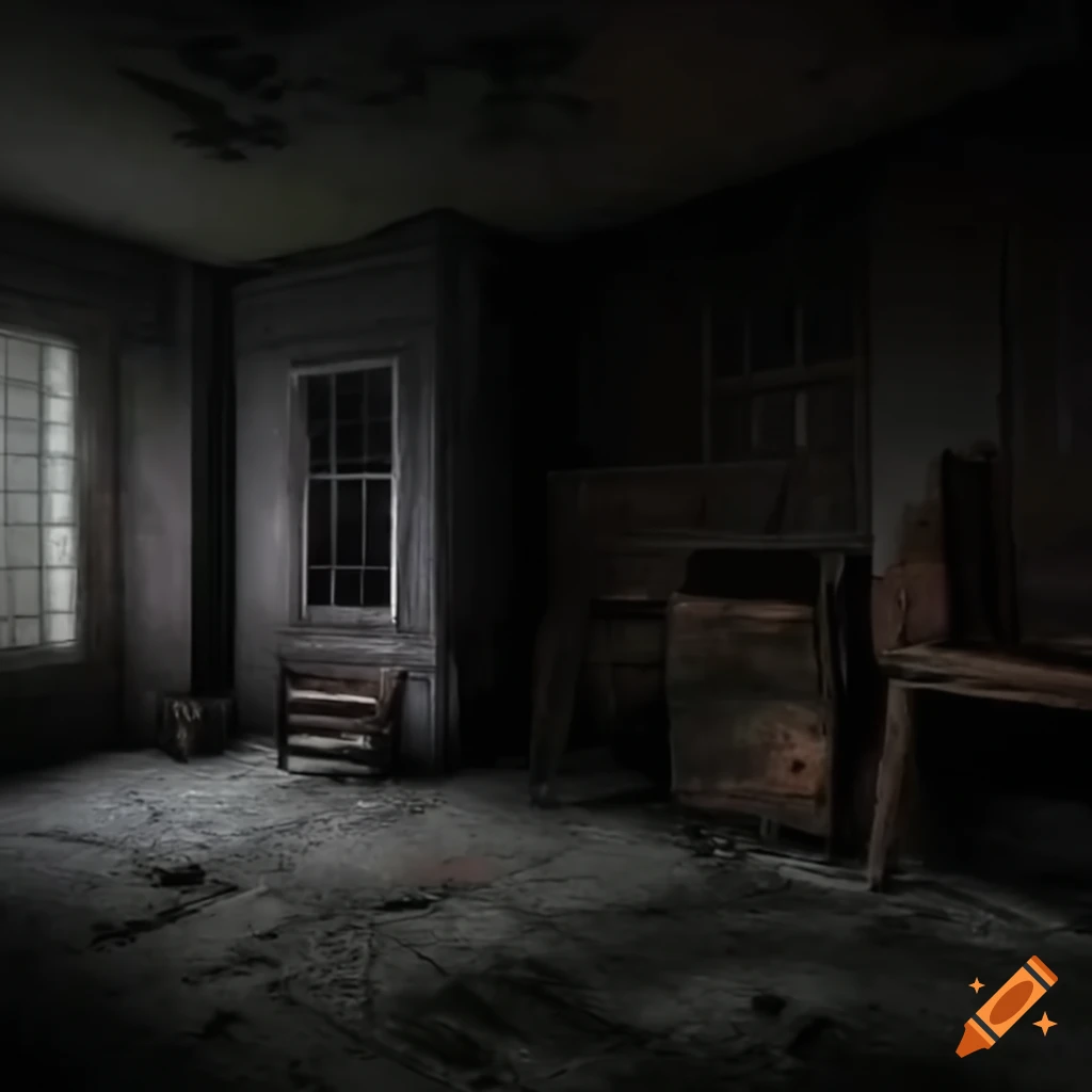 Dusty room with old trunks and abandoned furniture in a dark atmosphere